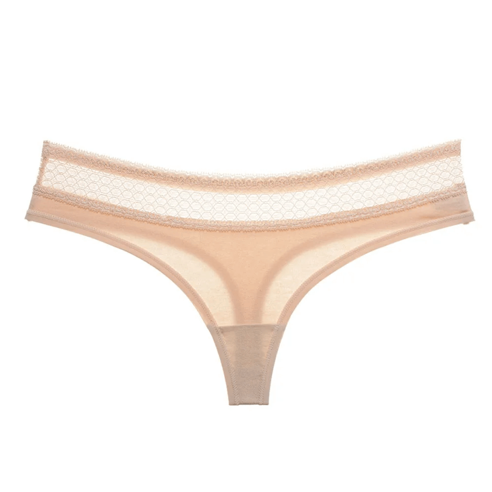 Lace Trim Low Rise Seamless Thong Underwear - SF2525, featuring soft stretchy lace waistband and seamless design in nude color.