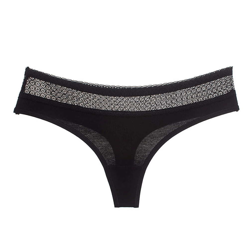 Black lace trim seamless low-rise thong underwear with soft stretchy fabric, SF2525.