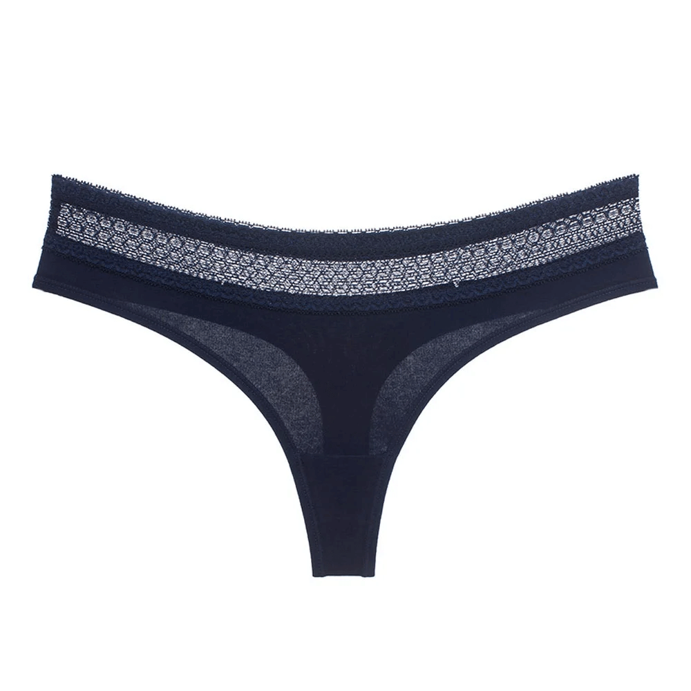 Navy blue lace trim low rise seamless thong underwear with soft stretchy waistband for women. Stylish and flattering fit.