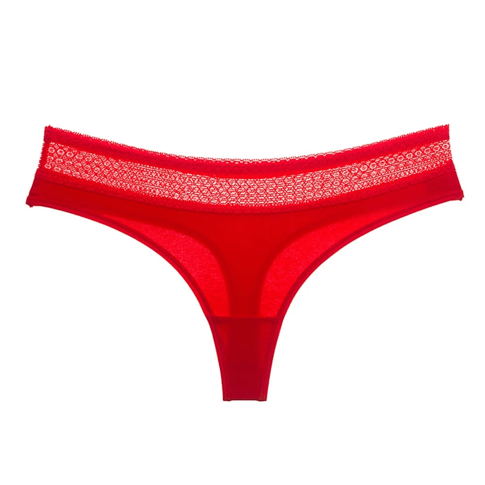 Red lace trim low rise seamless thong underwear with soft stretchy fabric and flattering fit for women.