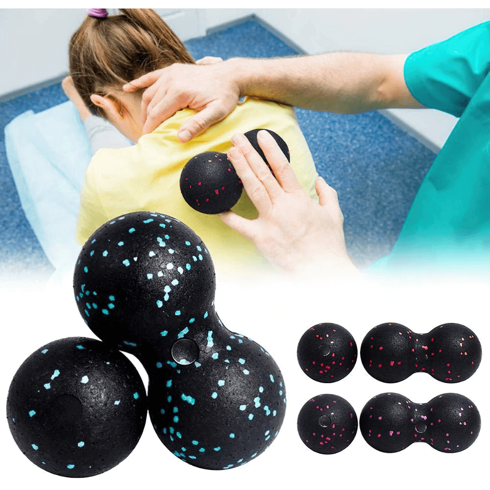 Lacrosse massage ball for myofascial release and deep tissue massage displayed with a person using it on their shoulder.