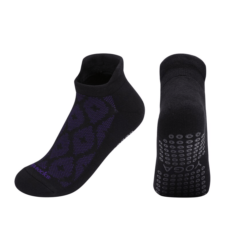Ladies breathable anti-slip cotton Pilates socks in black with purple pattern, showcasing lightweight and comfortable design for workouts.