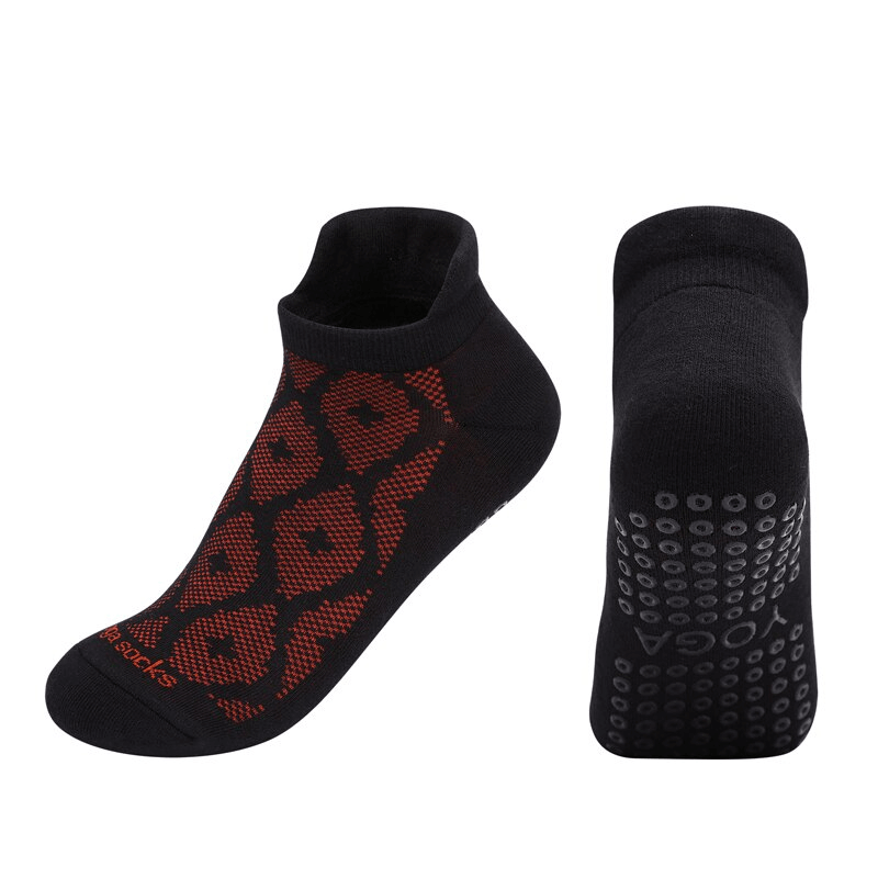 Ladies breathable anti-slip cotton Pilates socks in black with red patterns, showcasing anti-slip grips and stylish design - SF1435.