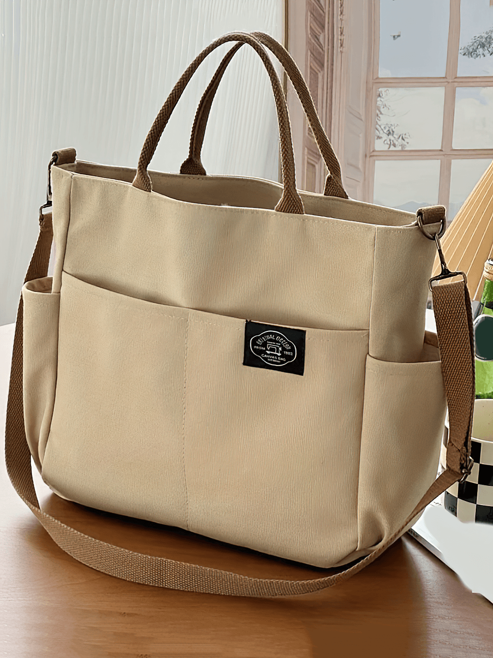 Large canvas tote bag SF2663 with multi-pocket design and adjustable strap for shoulder or crossbody wear, perfect for daily use.