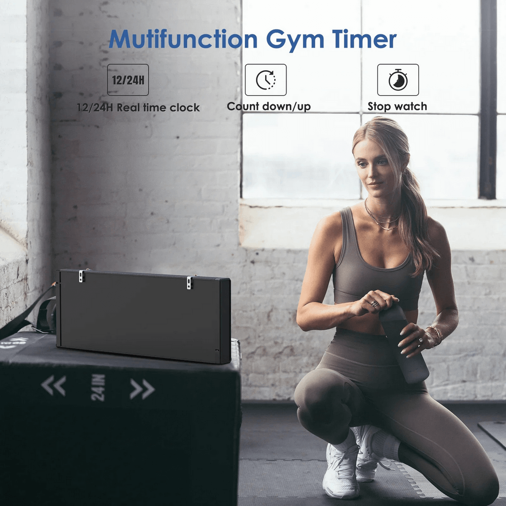 Large LED Digital Wall Gym Timer Clock with Remote - SF3473 in a fitness studio setting with workout features highlighted.