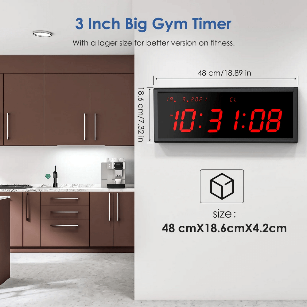Large LED Digital Wall Gym Timer Clock with Remote - SF3473 displayed in kitchen setting, shows bright time with size dimensions.