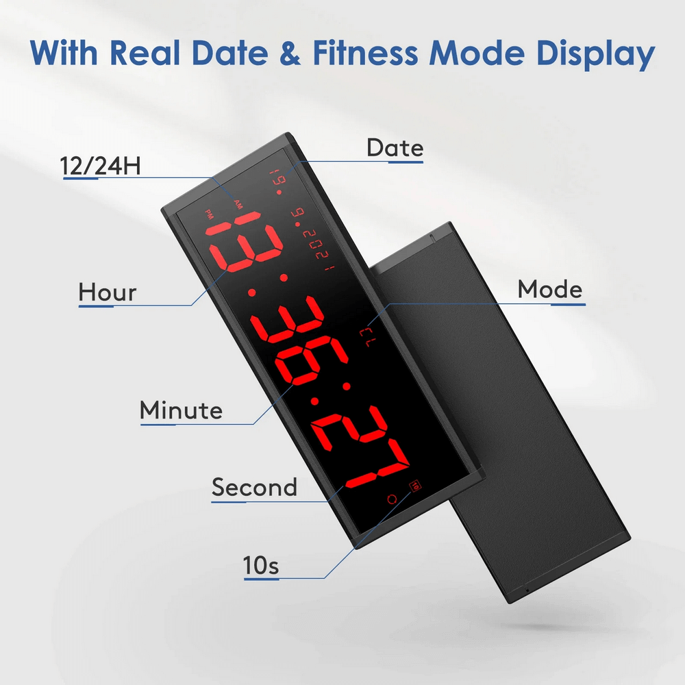 Large LED Digital Wall Gym Timer Clock with Remote - SF3473 displaying time and date with fitness mode features.
