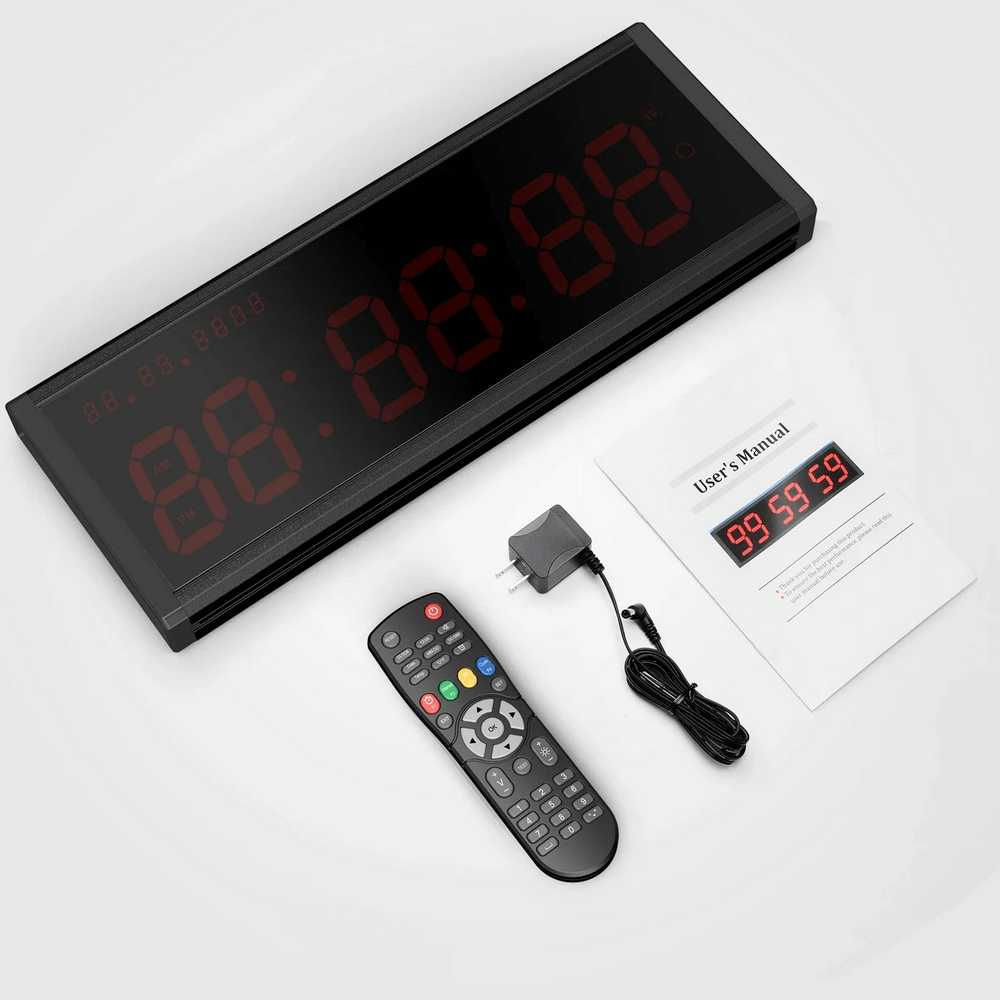 Large LED Digital Wall Gym Timer Clock with Remote - SF3473, wireless remote, power adapter, user manual displayed.