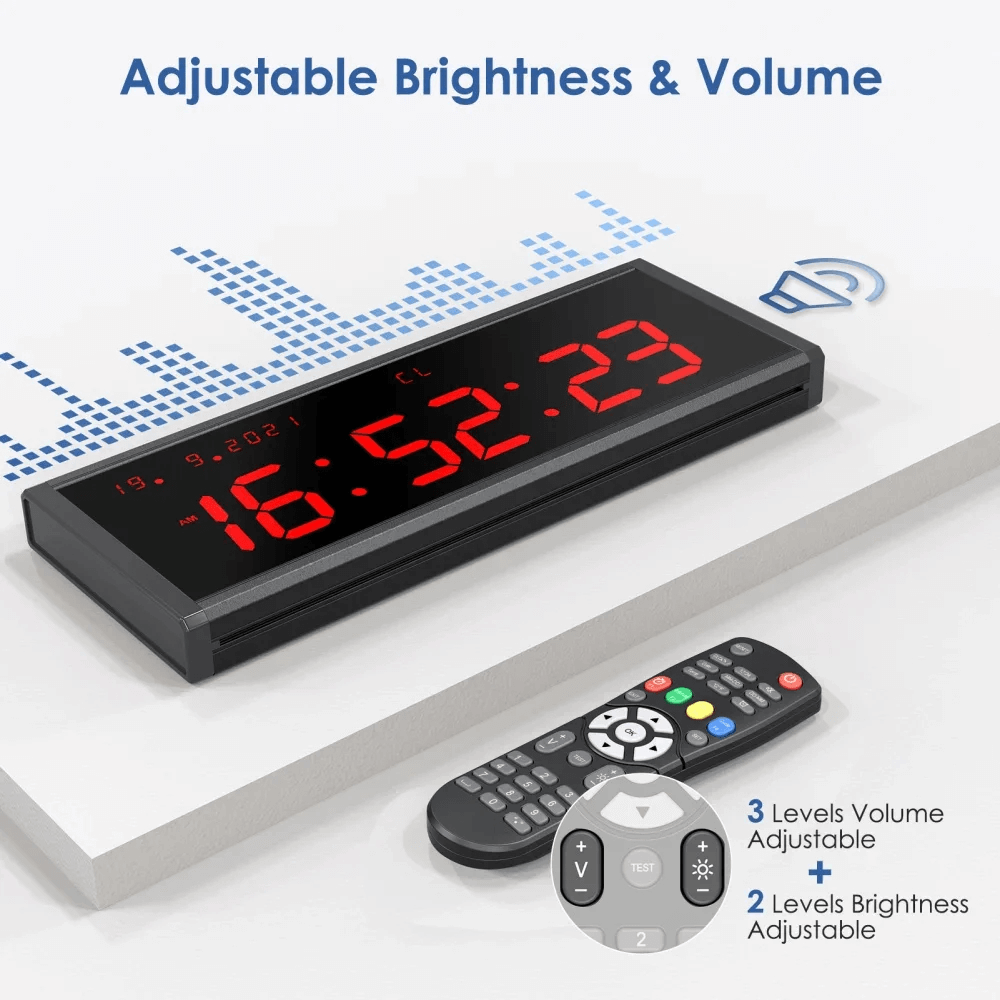 Large LED Digital Wall Gym Timer Clock with Remote - SF3473 showing adjustable brightness and volume with remote control included