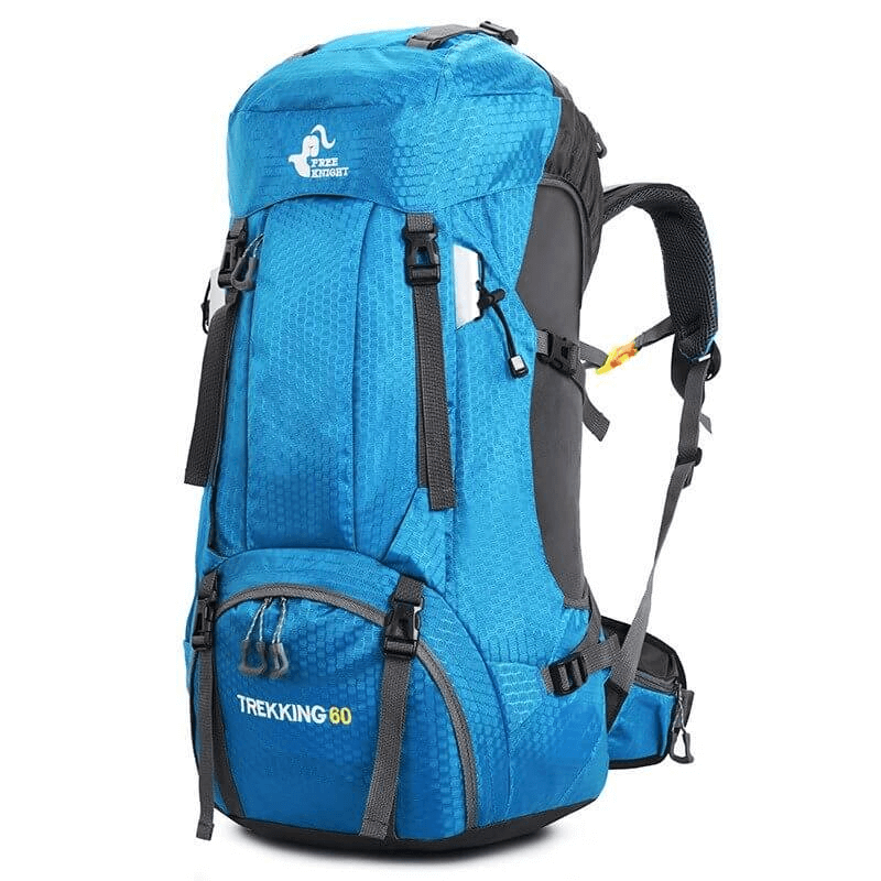 Blue large travel backpack with rain cover for women and men, featuring a robust 60-liter capacity and ergonomic back support system.