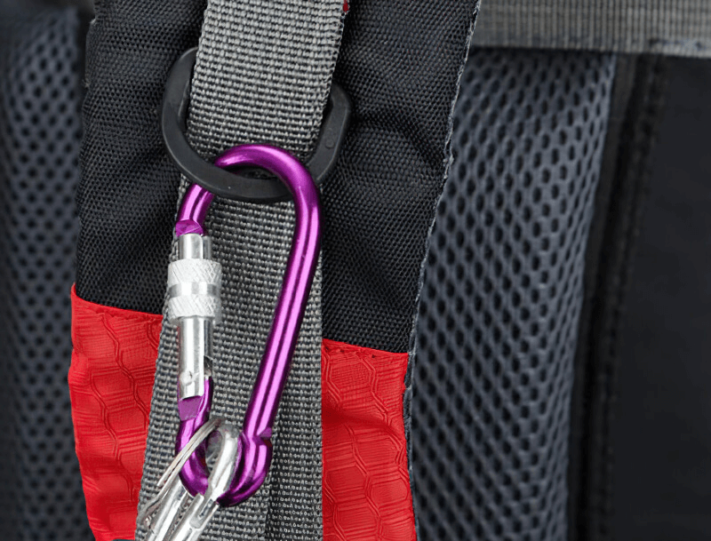 Close-up of a large travel backpack with purple carabiner clip on a red and gray strap, highlighting durable and stylish design.
