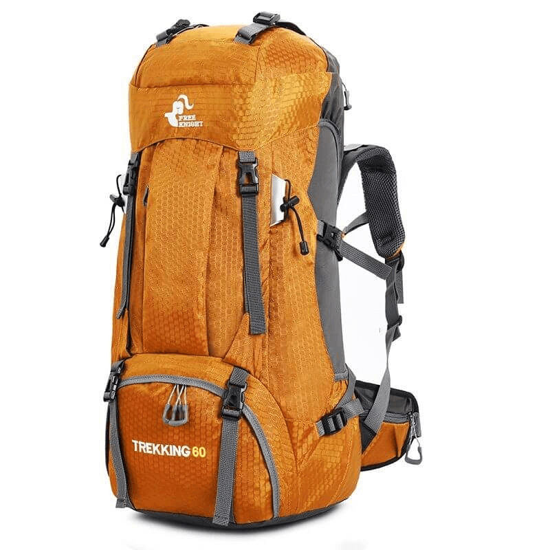 Orange large travel backpack with rain cover for men and women, featuring 60L capacity and ergonomic design. Model SF0389.