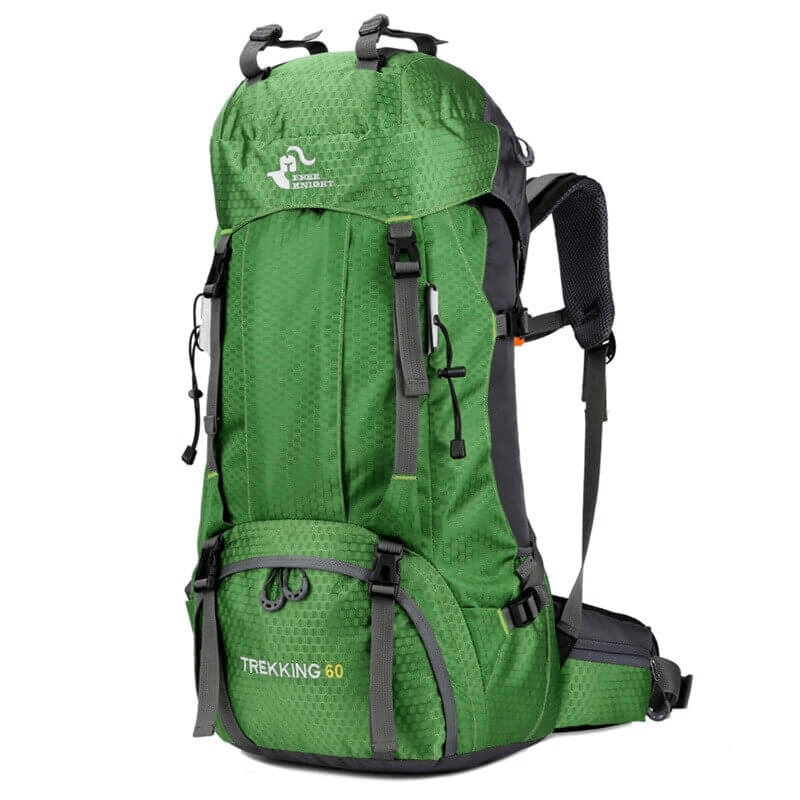 Green large travel backpack with rain cover, 60L capacity, unisex design, featuring strong straps and ergonomic support.