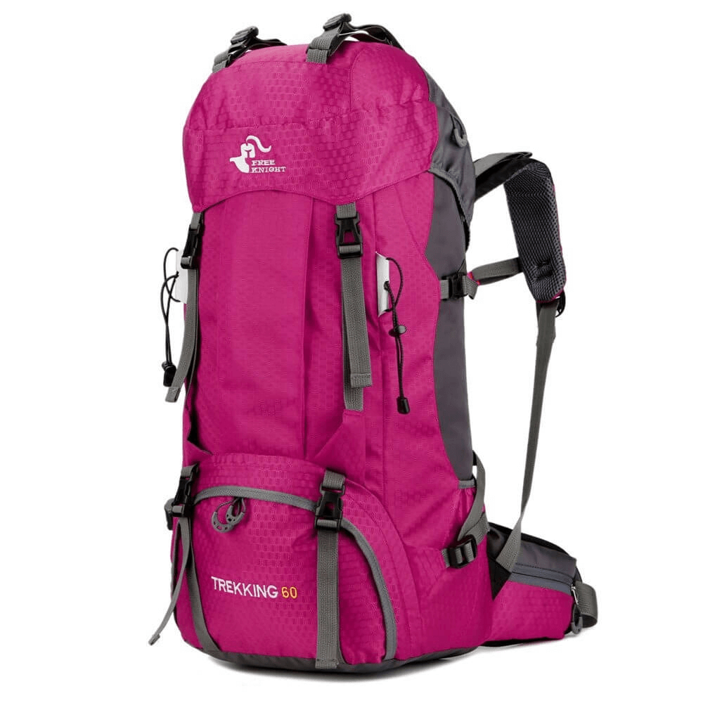 Pink large travel backpack with rain cover, ideal for women and men, featuring a 56-75L capacity and ergonomic design, model SF0389.