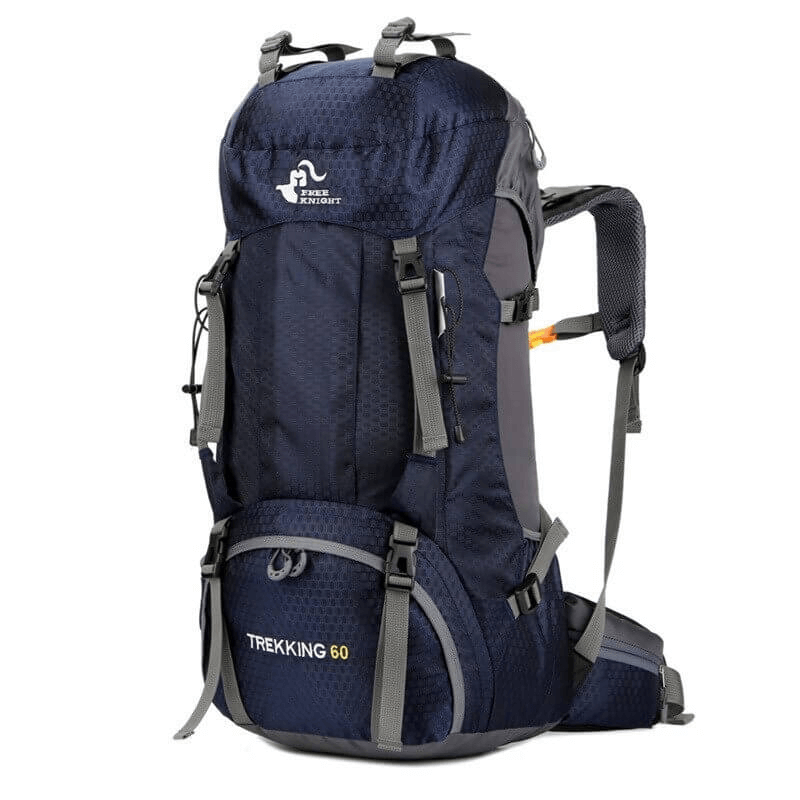 Large travel backpack with rain cover, 60L capacity, navy blue, for men and women, featuring ergonomic design and waterproof material.