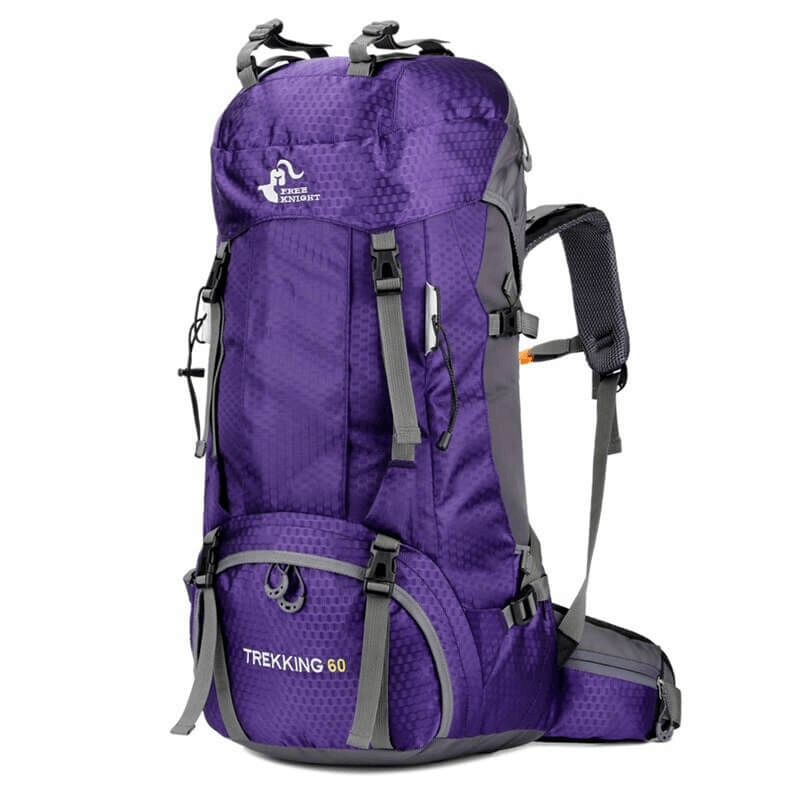Purple large travel backpack with rain cover, 60L capacity, suitable for both women and men, featuring a robust carrying system.