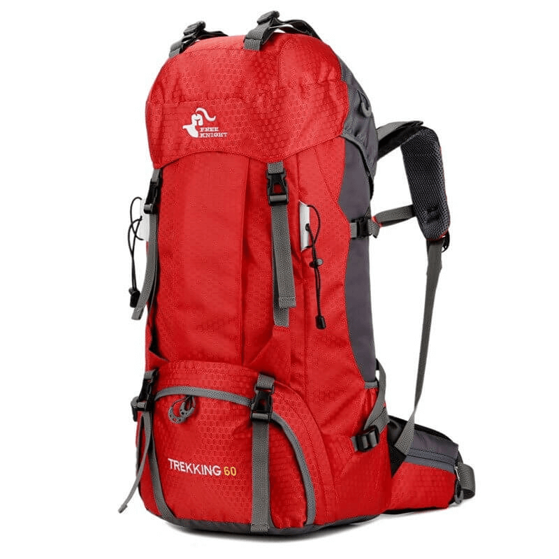 Large red travel backpack with rain cover for women and men, 60-liter capacity, featuring a physiological curve back system, waterproof material.