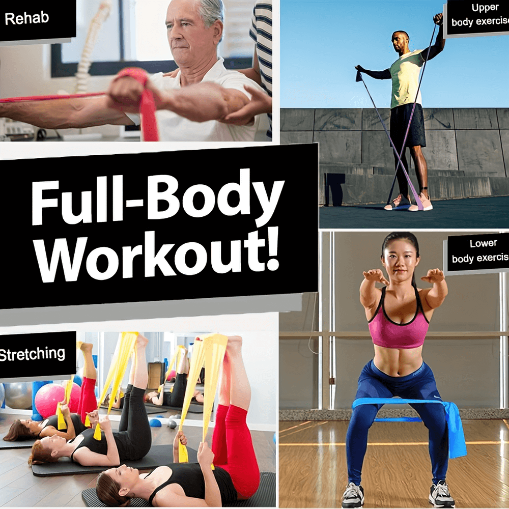 Full-body workout with resistance bands for strength training, stretching, and rehab in various exercises, indoors and outdoors.