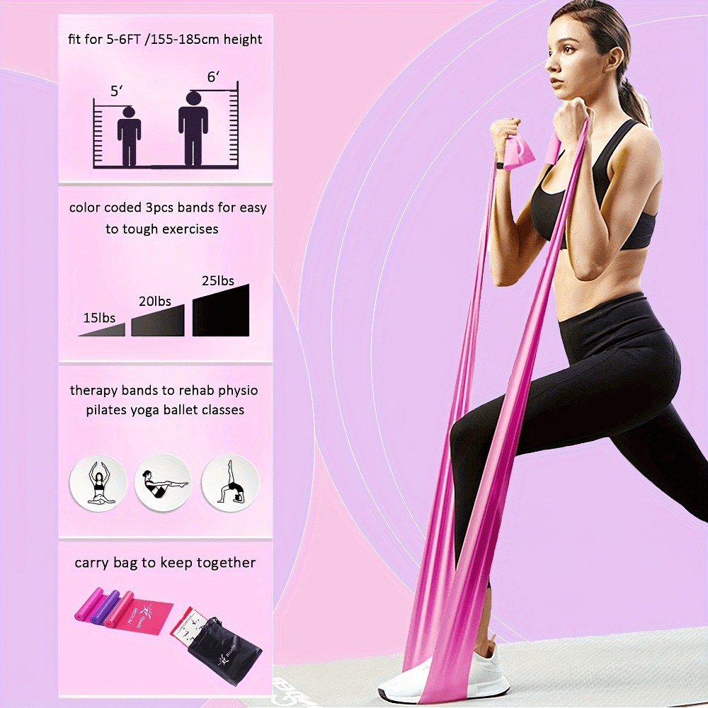 Woman using pink latex-free resistance bands for exercise, featuring color-coded strength levels, perfect for yoga, pilates, and rehab.