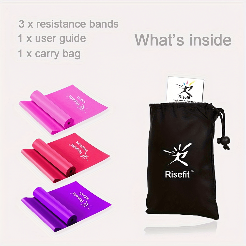 Three latex-free resistance bands in pink and purple with a carry bag and user guide, ideal for gym training and stretching.