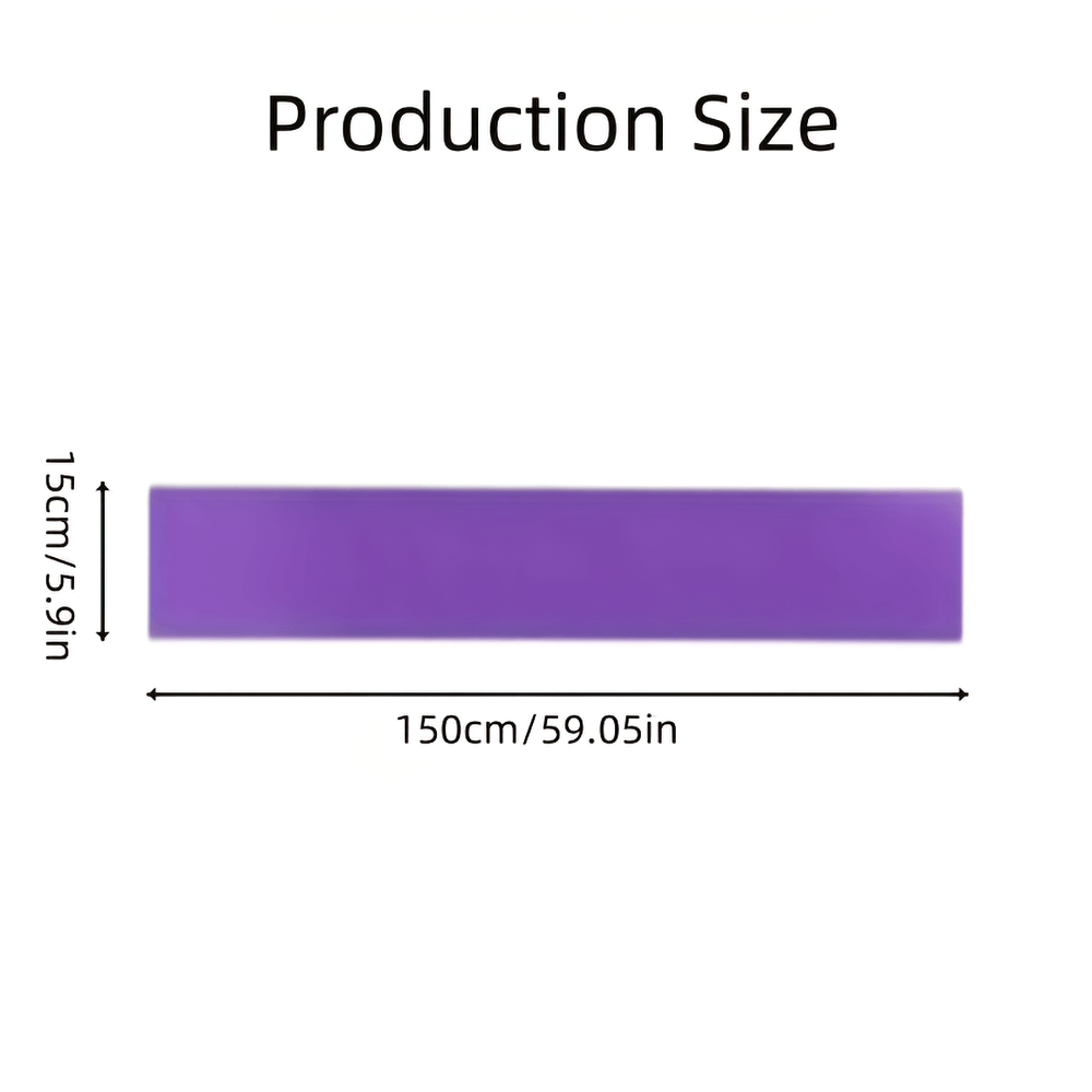 Purple latex resistance band dimensions 150cm by 15cm for yoga, Pilates, and home workouts.