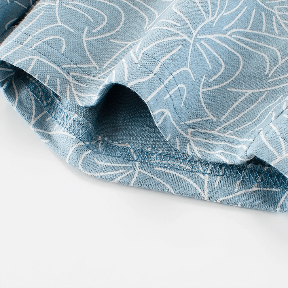 Close-up of blue Leaf Print Shorts with Elastic Waist and Pockets - SF3790 fabric detail.