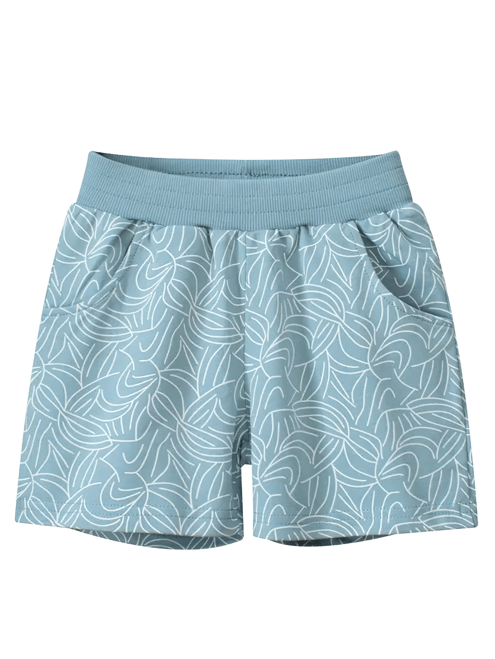 Leaf Print Shorts with Elastic Waist and Pockets - SF3790 in light blue with leaf pattern, perfect for summer playtime and comfort.
