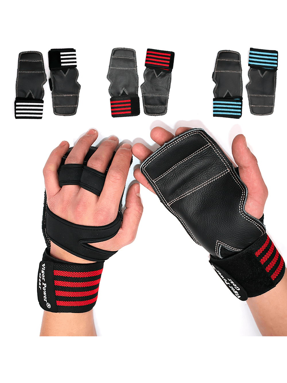 Leather Gym Grips with Straps for Pull-ups - SF3545 showcasing design and adjustable straps for workout support.