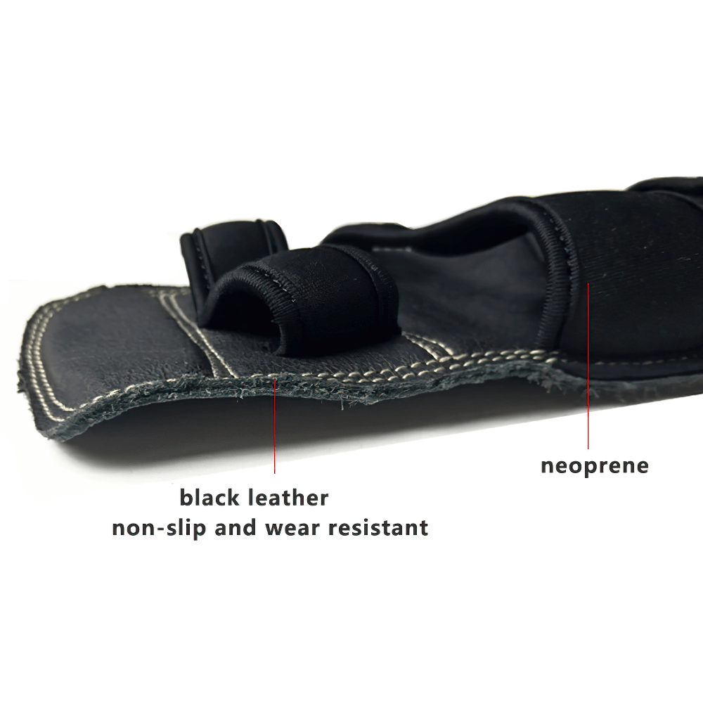 Close-up of Leather Gym Grips with Straps for Pull-ups - SF3545, featuring black leather and neoprene materials, showcasing non-slip durability.