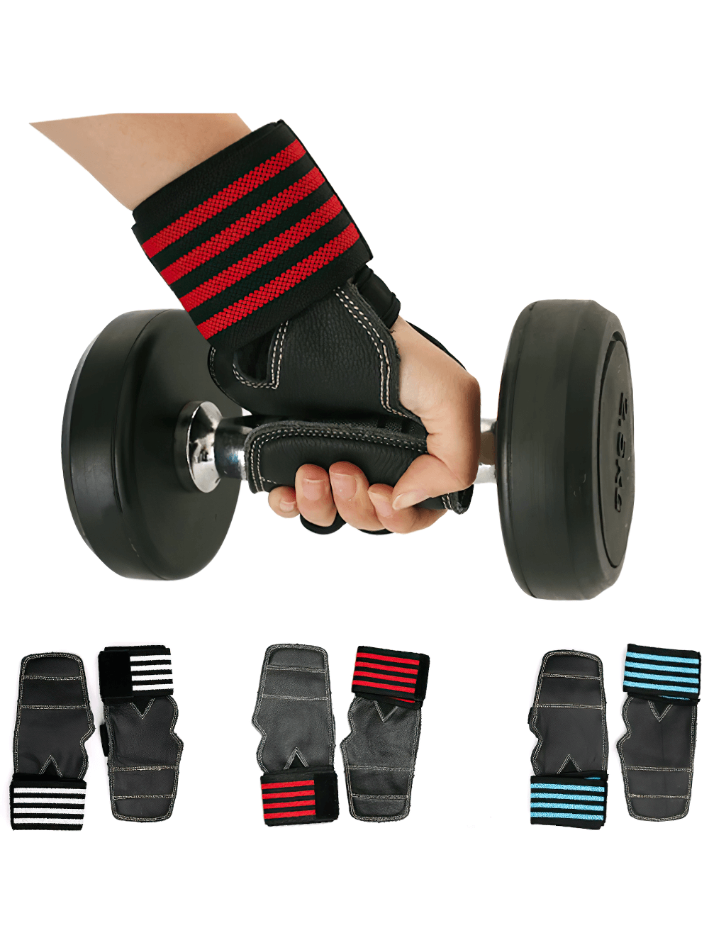 Hand lifting dumbbell with Leather Gym Grips with Straps for Pull-ups - SF3545, showcasing durable leather and adjustable straps.