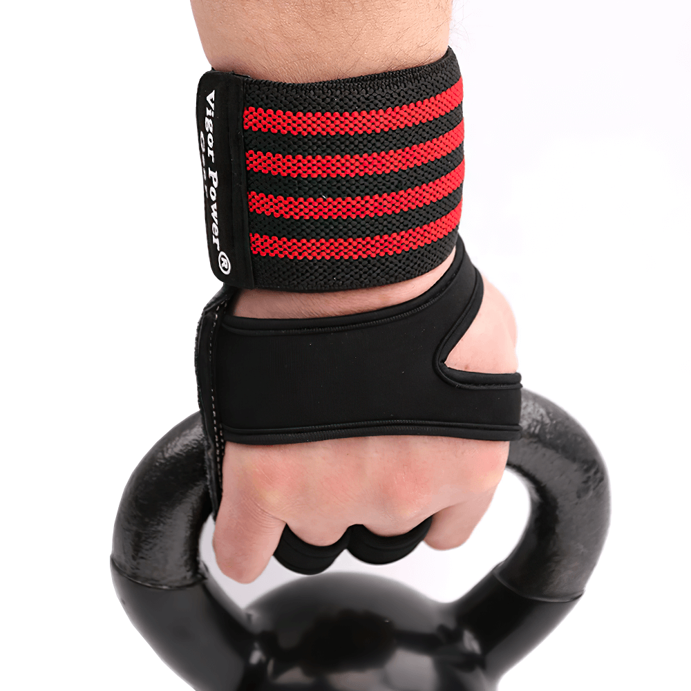 Leather Gym Grips with Straps for Pull-ups - SF3545 in use during a kettlebell workout, showcasing adjustable straps and grip support.