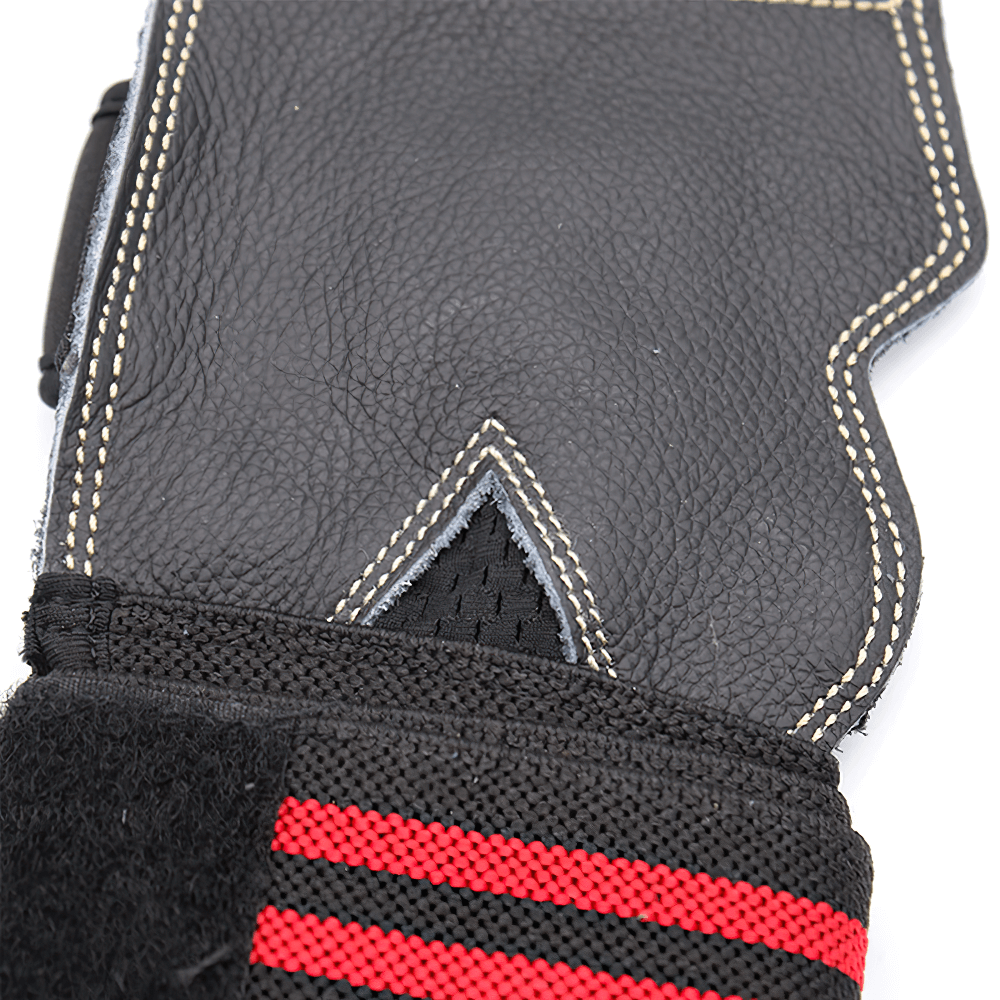 Close-up of Leather Gym Grips with Straps for Pull-ups - SF3545 showcasing durable material and adjustable strap for fitness training.