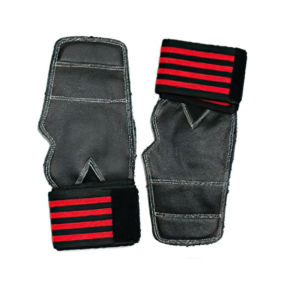 Leather Gym Grips with Straps for Pull-ups - SF3545 for weightlifting, featuring durable leather and adjustable red-striped straps.