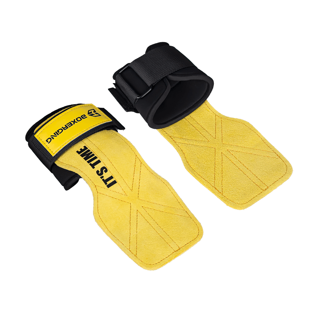 Leather Gym Grips with Wrist Straps for Powerlifting - SF3516 in yellow, featuring durable cowhide leather and adjustable support for strength training.