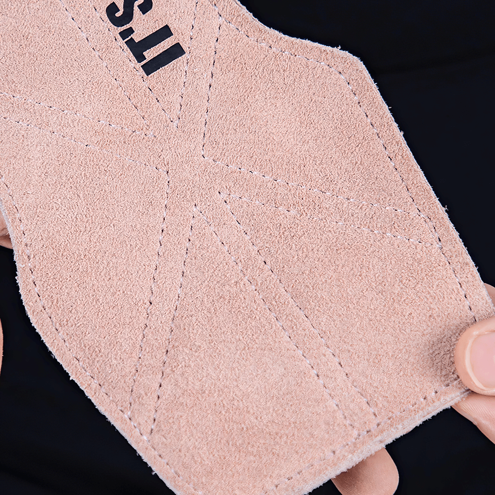 Close-up of Leather Gym Grips with Wrist Straps for Powerlifting - SF3516 showcasing reinforced stitching and cowhide material.