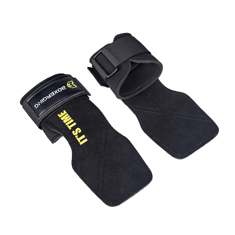 Leather Gym Grips with Wrist Straps for Powerlifting - SF3516 black cowhide grips with reinforced stitching and adjustable straps.