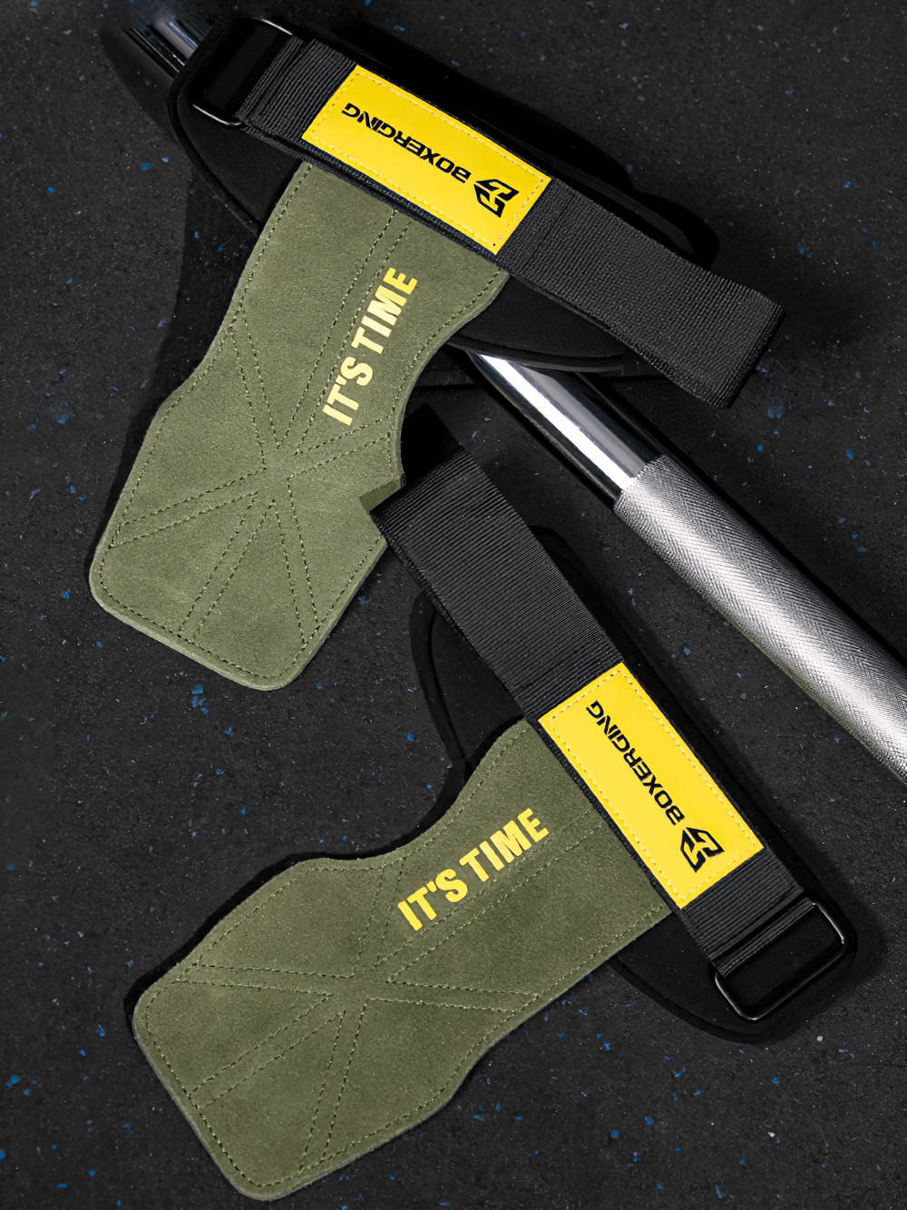 Leather Gym Grips with Wrist Straps for Powerlifting - SF3516 shown with barbell, featuring anti-skid design and reinforced stitching.