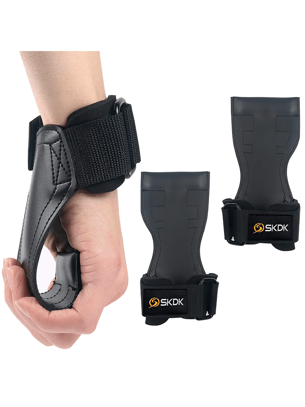 Leather Gym Hand Grips with Adjustable Strap - SF3544 for weightlifting and pull-ups, featuring black ergonomic design and secure fit.