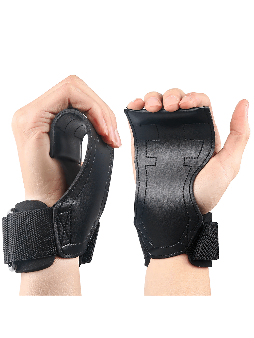 Leather Gym Hand Grips with Adjustable Strap - SF3544 for weightlifting support and palm protection shown on hands.
