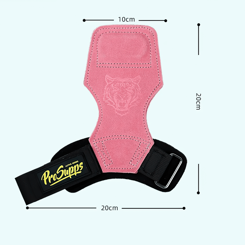Pink Leather Gym Hand Grips with Wrist Support Straps - SF3519 featuring durable suede and adjustable wrist strap for weightlifting.