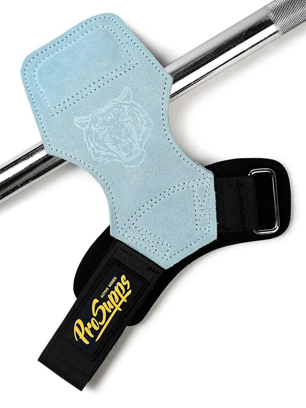 Leather Gym Hand Grips with Wrist Support Straps - SF3519 on a gym barbell, showcasing durable suede leather design for optimal grip.