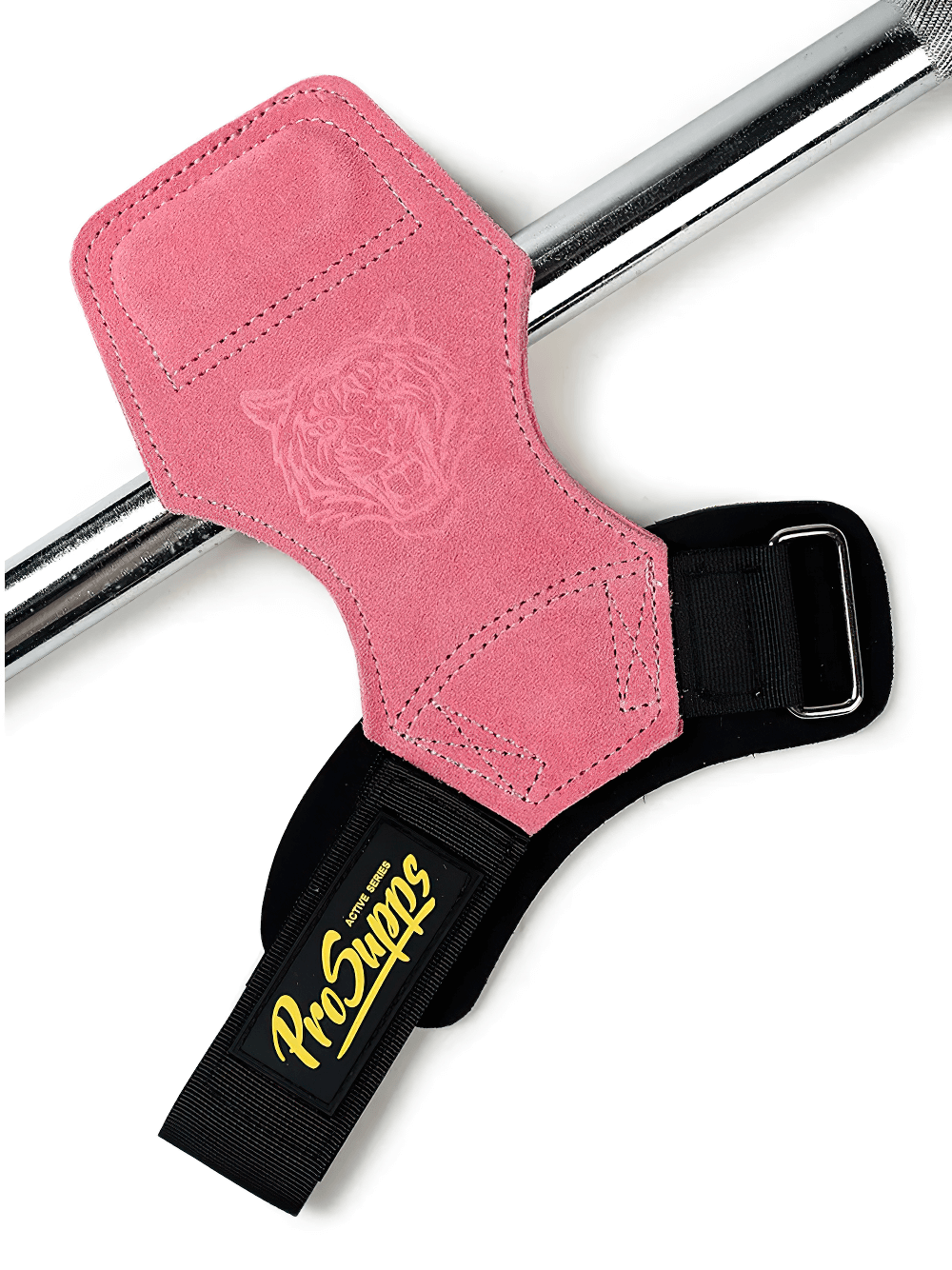 Leather Gym Hand Grips with Wrist Support Straps - SF3519 in pink, showcasing suede anti-slip design and durable wrist straps for lifting.