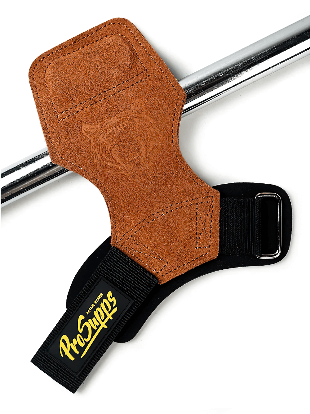 Leather Gym Hand Grips with Wrist Support Straps - SF3519 on gym bar for weightlifting