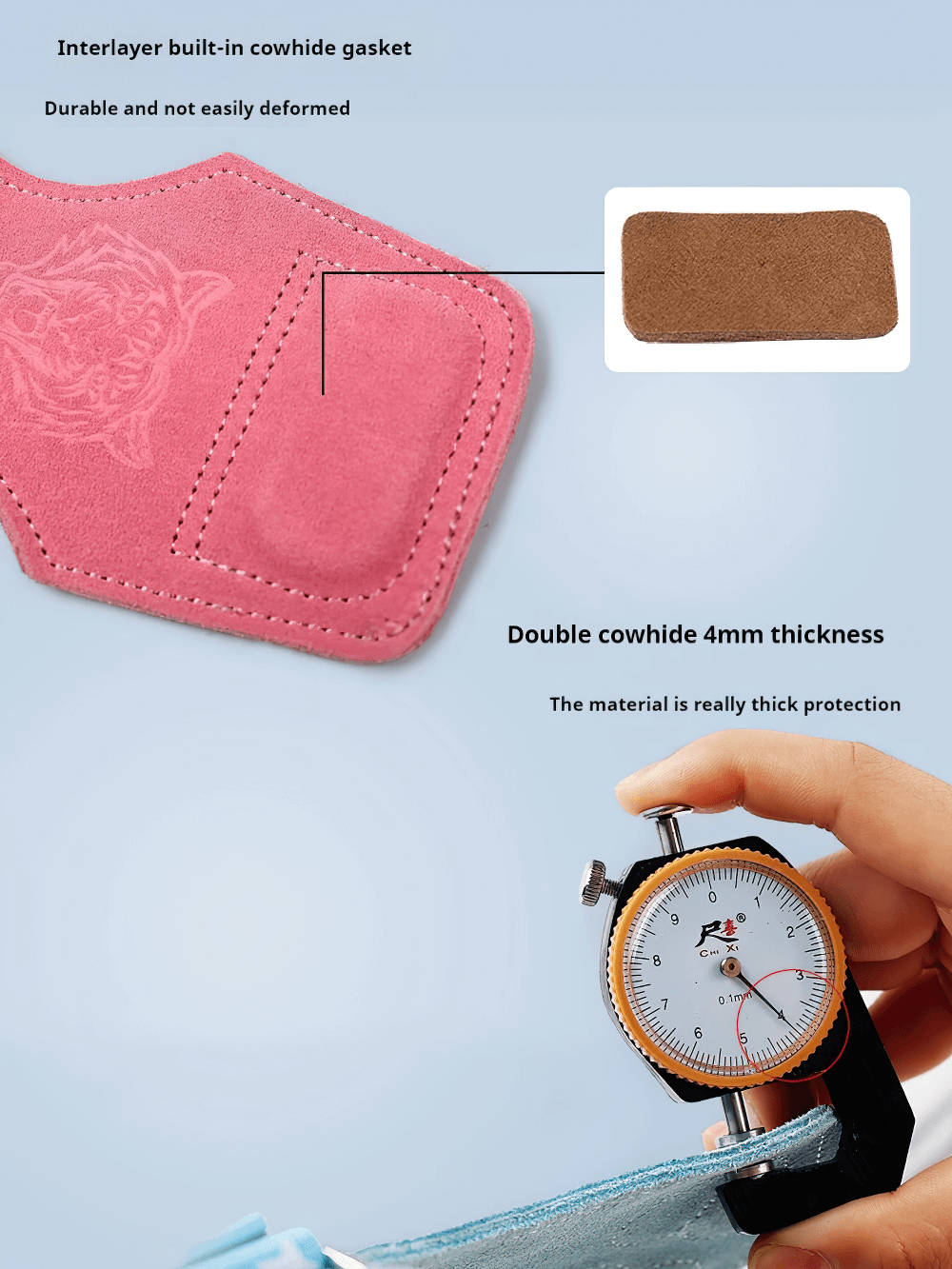 Detail of Leather Gym Hand Grips with Wrist Support Straps - SF3519 showing cowhide thickness and durability.