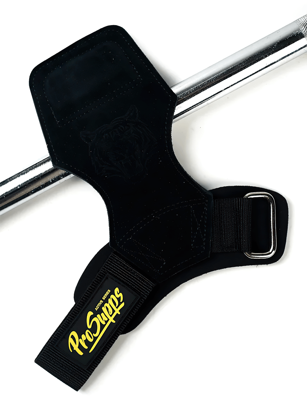 Leather Gym Hand Grips with Wrist Support Straps - SF3519 on a barbell, showcasing high-quality cowhide and durable wrist straps for lifting.
