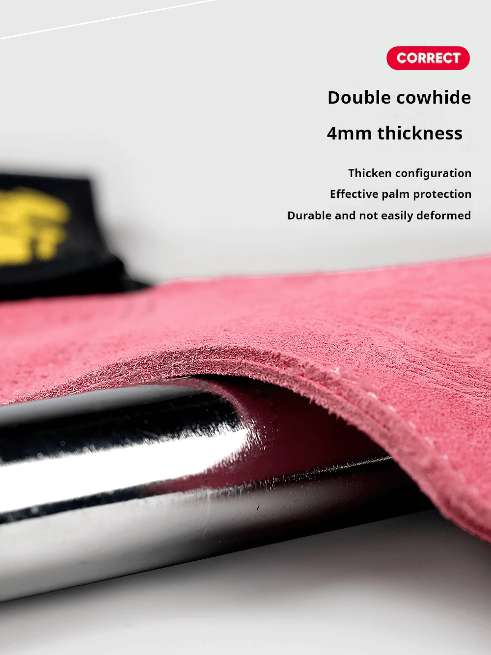 Close-up of pink suede detail of Leather Gym Hand Grips with Wrist Support Straps - SF3519 showcasing double cowhide and text thickness info