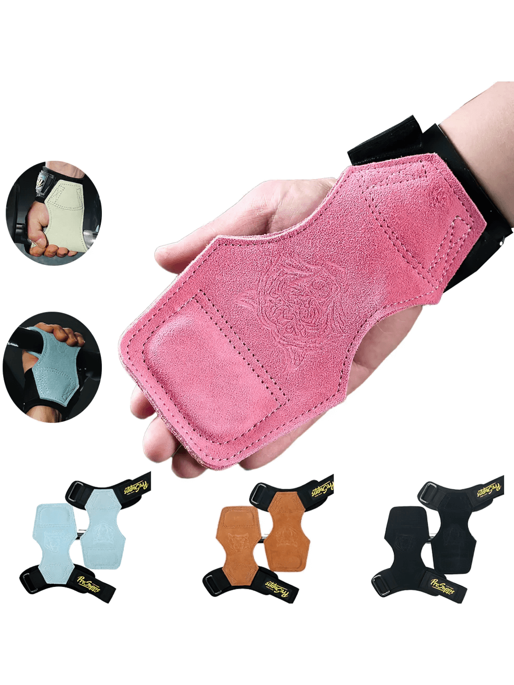 Leather Gym Hand Grips with Wrist Support Straps - SF3519 shown in various colors for enhanced grip and protection during weight lifting.