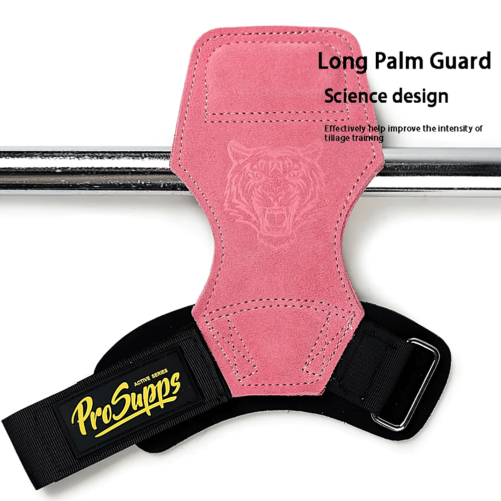 Leather Gym Hand Grips with Wrist Support Straps - SF3519 showcasing durable suede leather with adjustable wrist straps for weight lifting.