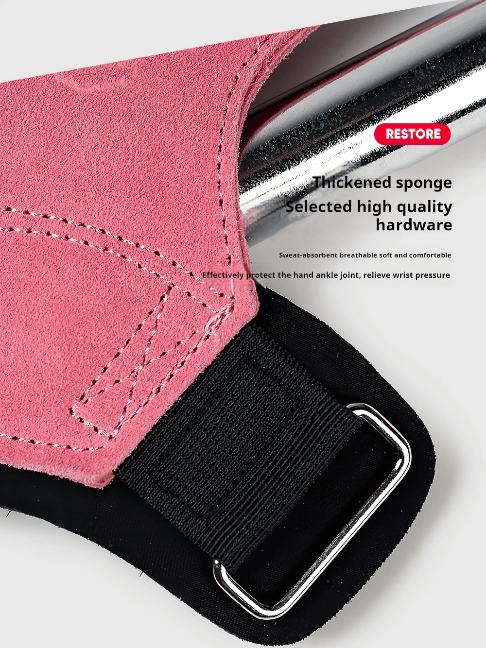 Close-up of pink Leather Gym Hand Grips with Wrist Support Straps - SF3519 showing suede design and adjustable strap for optimal grip.
