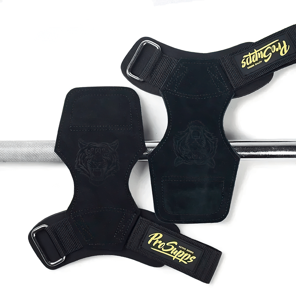 Leather Gym Hand Grips with Wrist Support Straps - SF3519 on bar, premium cowhide, for bodybuilding and strength workouts.
